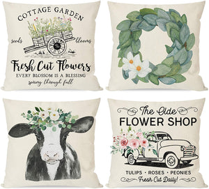 Spring Pillow Covers 18x18 Set of 4, Farmhouse Magnolia Wreath Country Cow, Vintage Flower Floral Truck