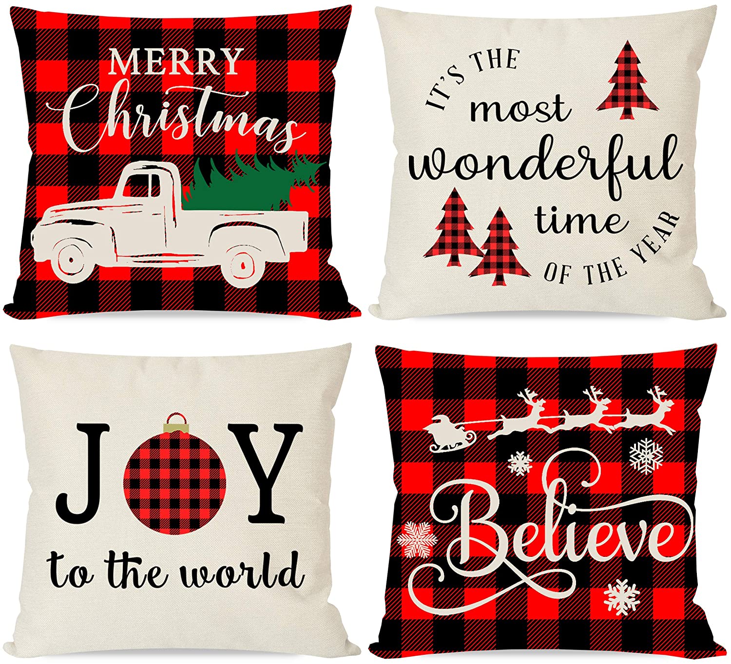 Christmas Pillows Covers 18x18 Set of 4 for Christmas Decor, Black and Red Buffalo Check Plaid, Trees Truck