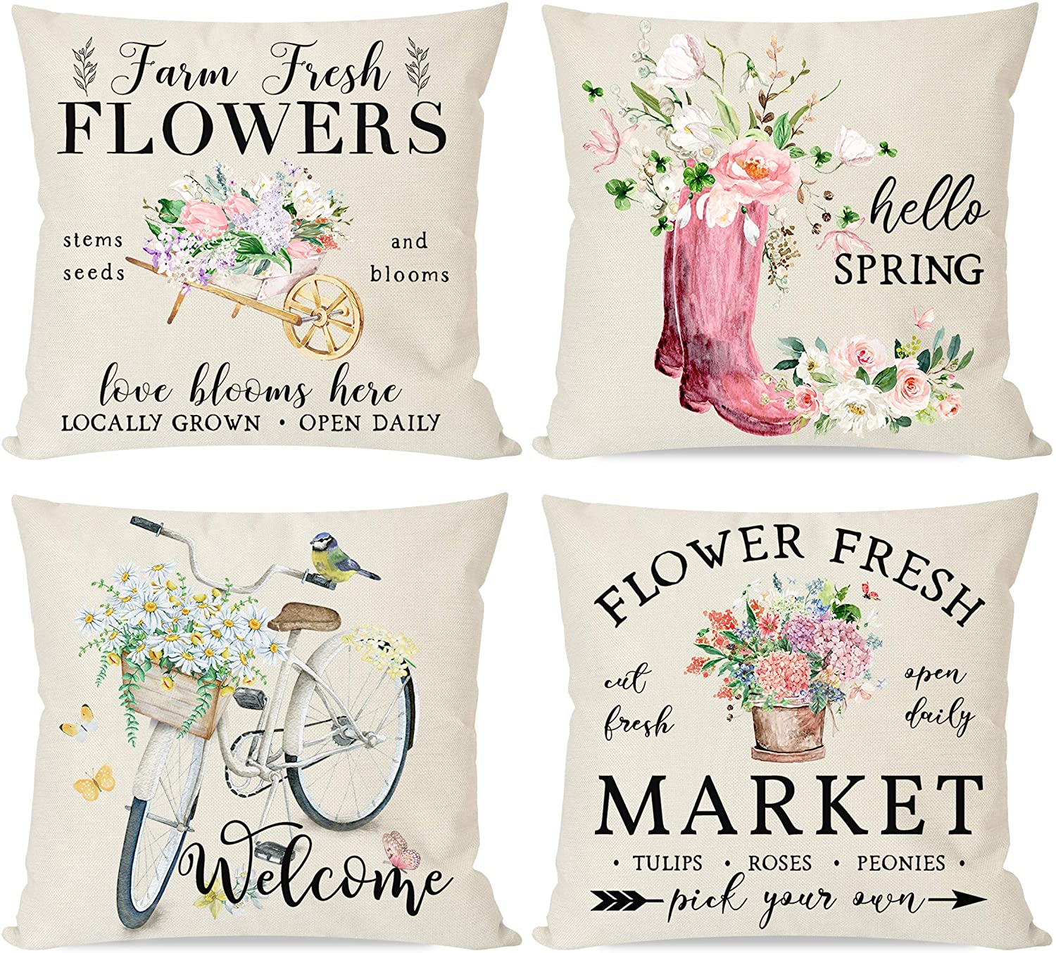 Farmhouse Spring Pillow Covers 18x18 Set of 4, Country Flower Market Floral Bicycle Butterfly Boots