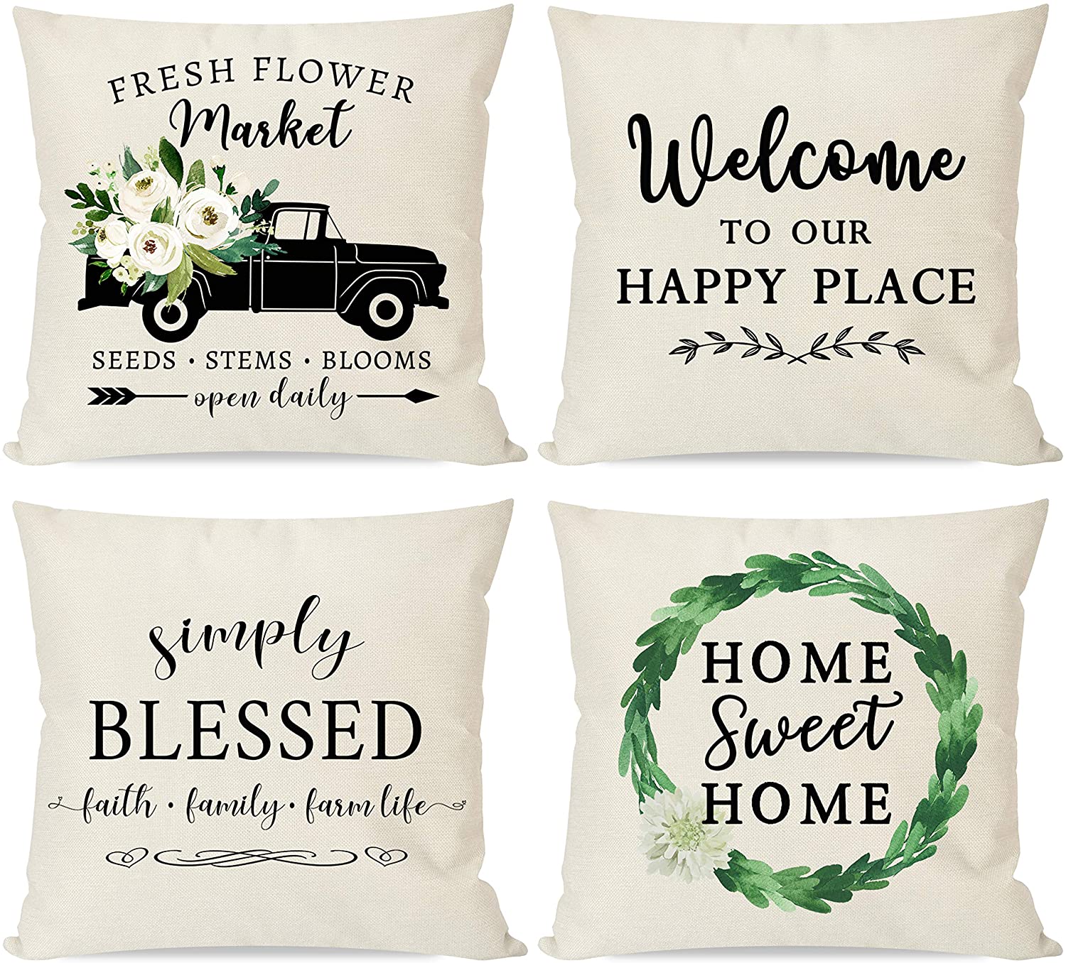 Farmhouse Pillow Covers 18x18, Spring Summer Green Boxwood Wreath, Country Truck with Fresh Flowers, Rustic Welcome