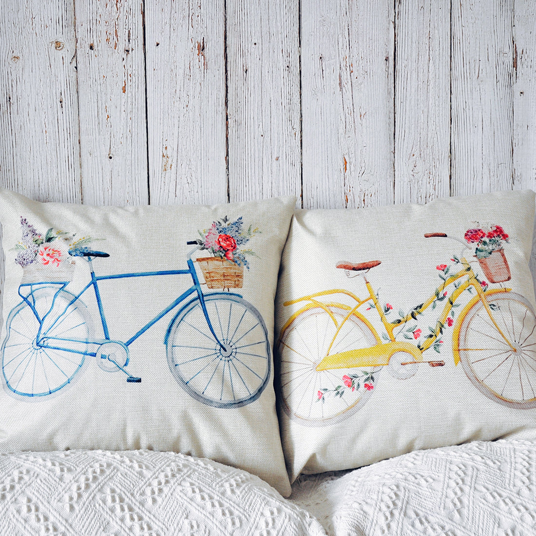 PANDICORN Set of 2 Spring Farmhouse Decorative Throw Pillows Covers, Rustic Yellow Blue Bicycle Throw Pillow Cases with Colorful Floral Pattern for Outdoor Couch Porch, 18 x 18 Inch