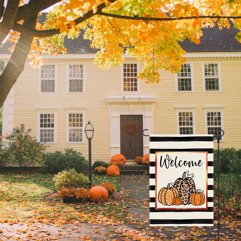 PANDICORN Fall Garden Flag 12×18 Inch Double Sided, Black Stripe Orange Polka Dot Leopard Pumpkins, Small Autumn Welcome Thanksgiving Yard Decor