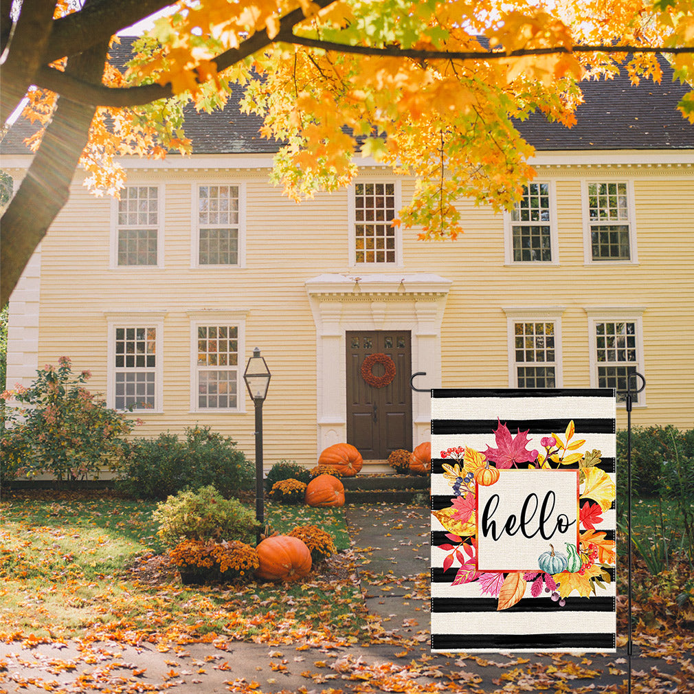 PANDICORN Hello Fall Garden Flag 12×18 Inch Double Sided, Black Stripe Colorful Fall Leaves Pumpkins, Small Autumn Welcome Thanksgiving Yard Decor