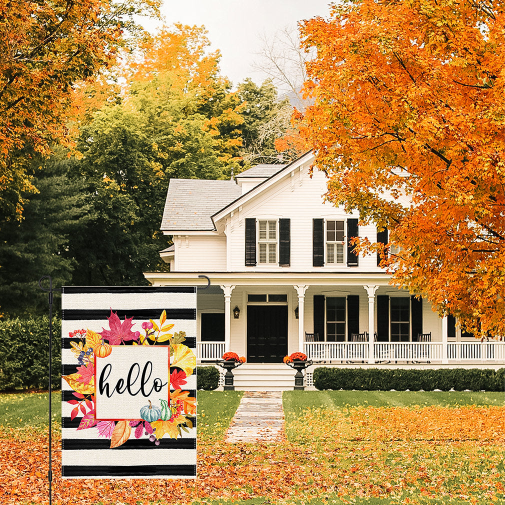 PANDICORN Hello Fall Garden Flag 12×18 Inch Double Sided, Black Stripe Colorful Fall Leaves Pumpkins, Small Autumn Welcome Thanksgiving Yard Decor