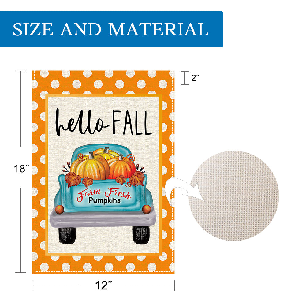 PANDICORN Hello Fall Garden Flag 12×18 Inch Double Sided, Orange Polka Dot Teal Truck Pumpkins, Small Autumn Welcome Thanksgiving Yard Decor