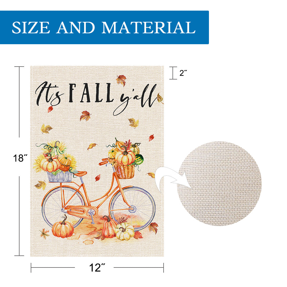 PANDICORN It’s Fall Y’all Garden Flag 12×18 Inch Double Sided, Watercolor Orange Bike Pumpkin Leaves, Small Autumn Welcome Thanksgiving Yard Decor